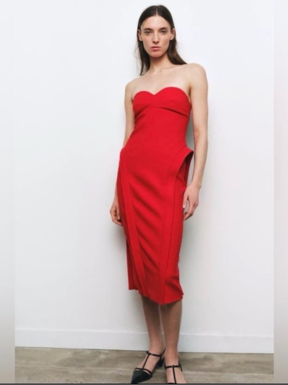 NWot Zara Woman Bloggers Fav SWEETHEART NECKLINE MIDI DRESS Red Size S Small